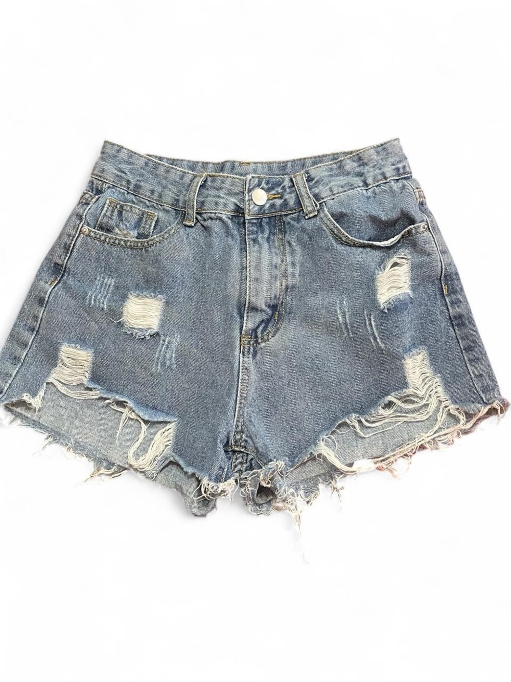 SHEIN Distressed Light Blue High-Waist Denim Shorts